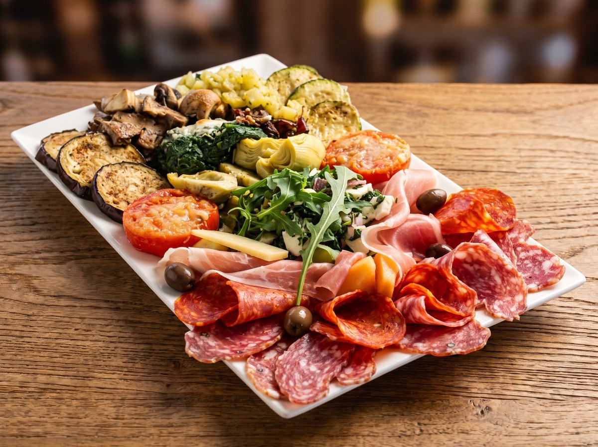 Antipasti auf dunklem Stein: eingelegtes Gemüse, Oliven und dünn geschnittener Schinken.