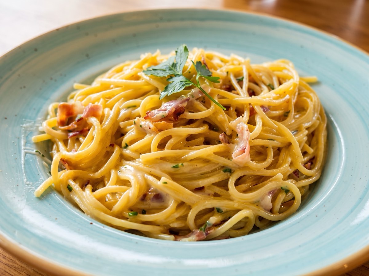 Teller mit Pasta in kräftiger Tomatensauce, frisch gehobelter Käse darüber.